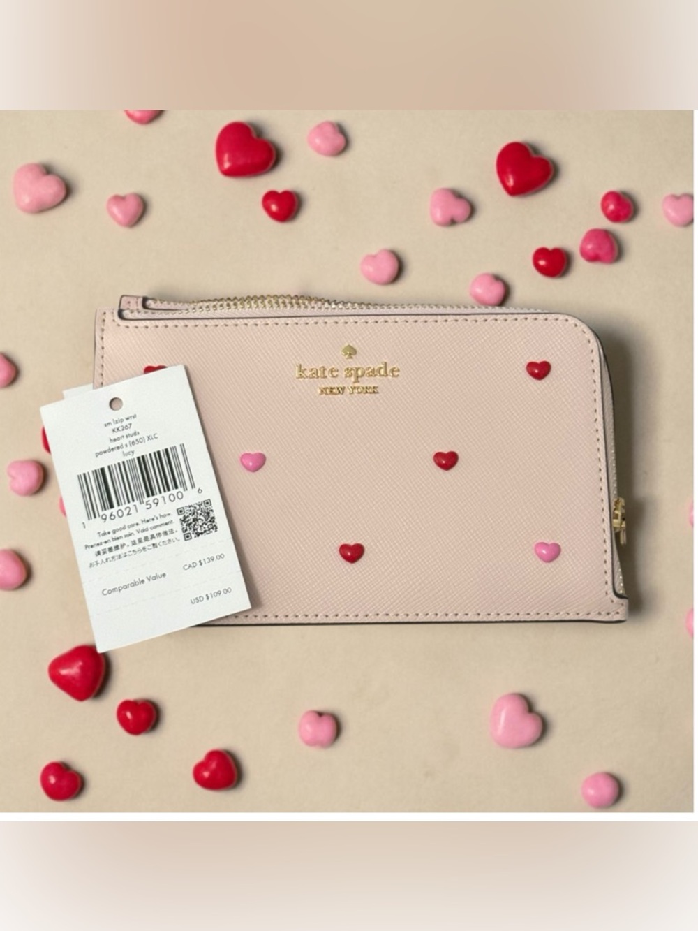 New Kate Spade New York Lucy Heart Studs Small L-Zip Wristlet